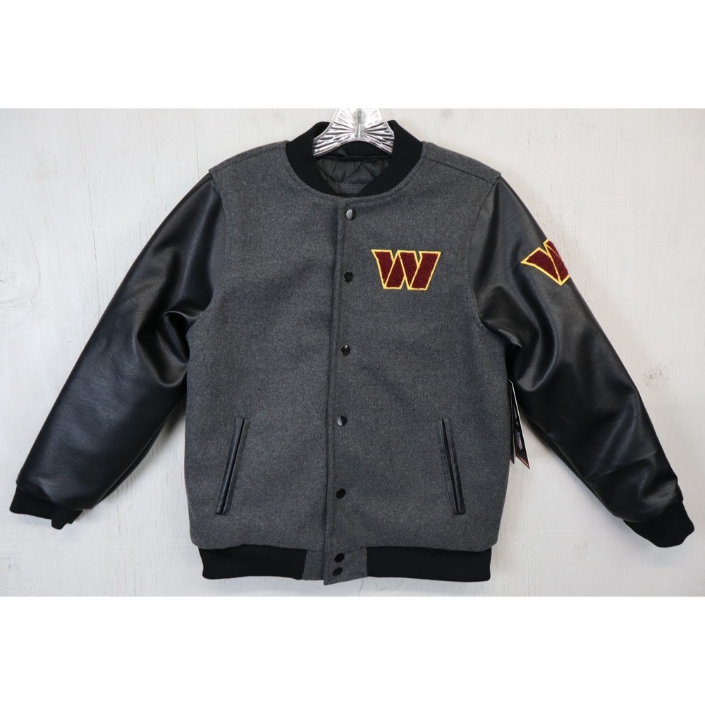 NFL Ultra Game‎ Washington Commanders Jacket New Gray Black Faux Leather Varsity